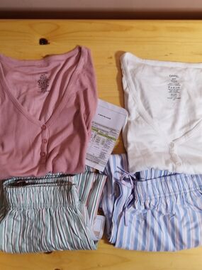 2 Pk George Pink and White Button-Front Pajama Tops with Striped Sleep Pants, XS
